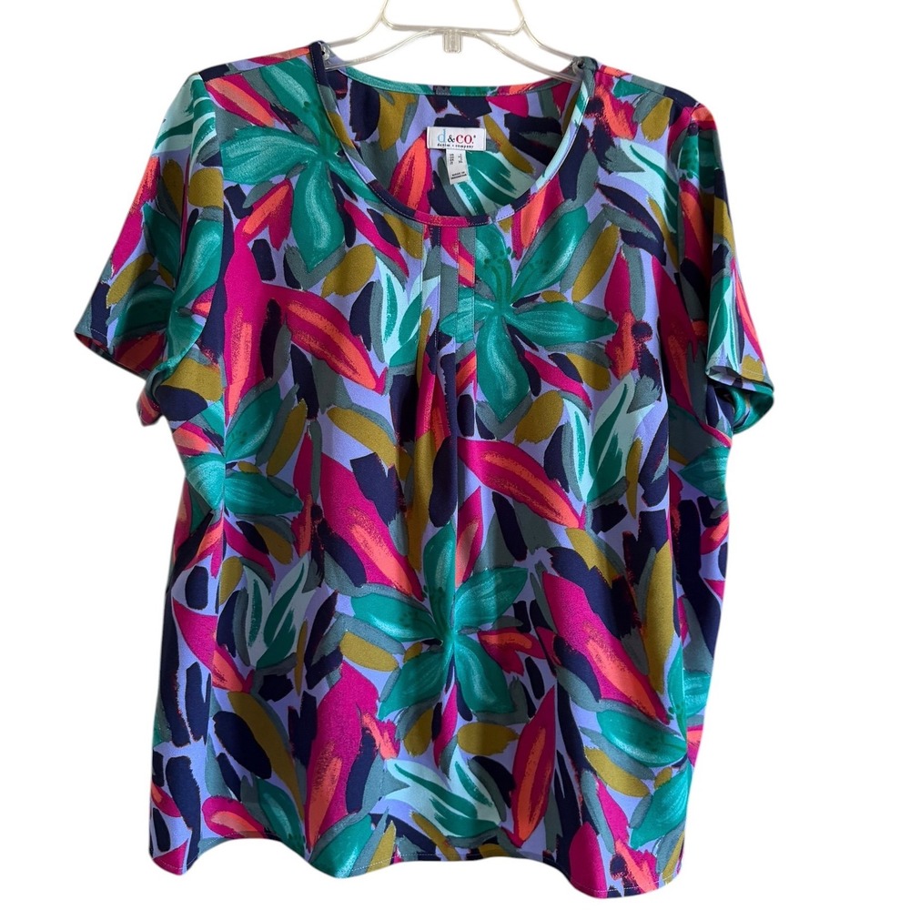 Denim‎ & Co Abstract Tropical Floral Short Sleeve Blouse Top Purple Green Pink L